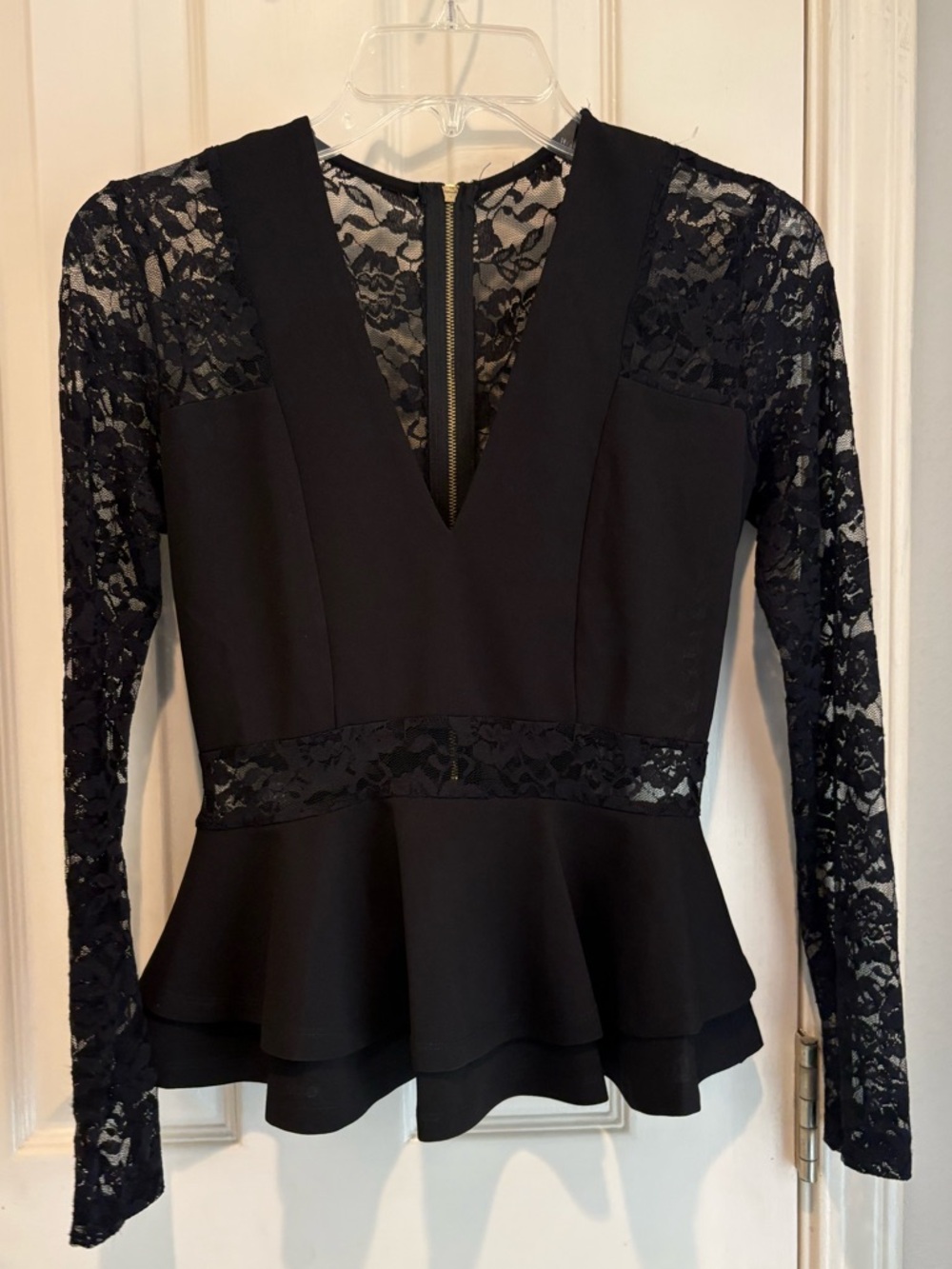 Black Lace Peplum Zip-Back Top